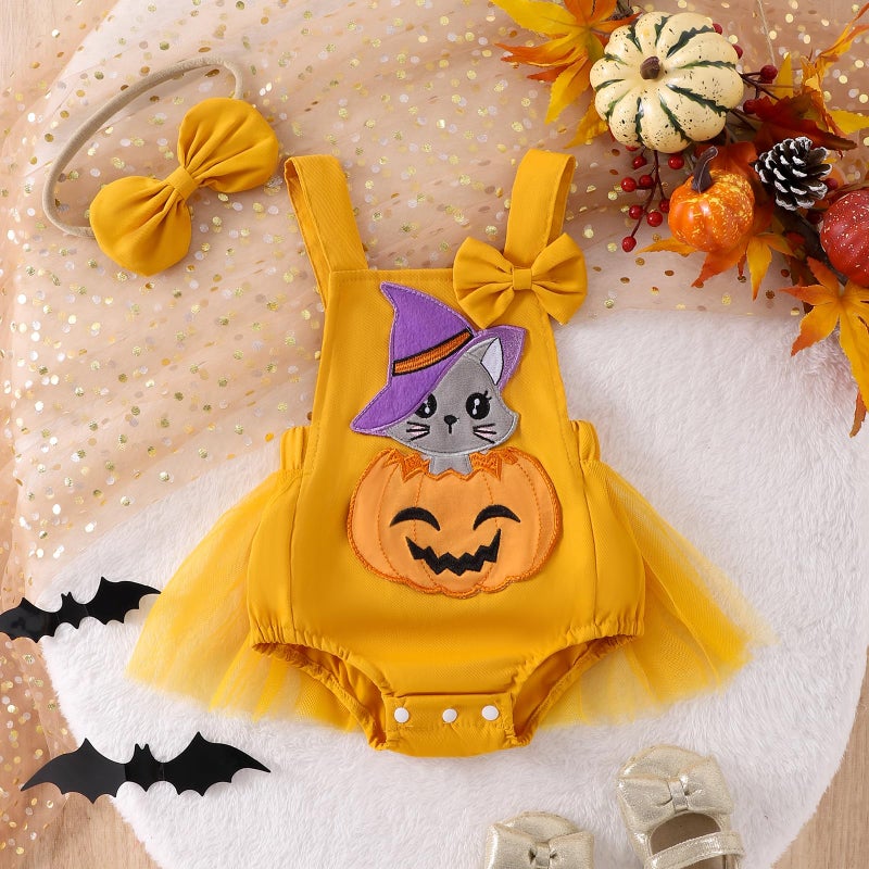 Amnnchya Baby Girl Thanksgiving Outfit Pumpkin Turkey Costumes Sleeveless Tulle Romper Newborn Halloween Outfit Girl (Yellow  0-3 Months) - Image 2